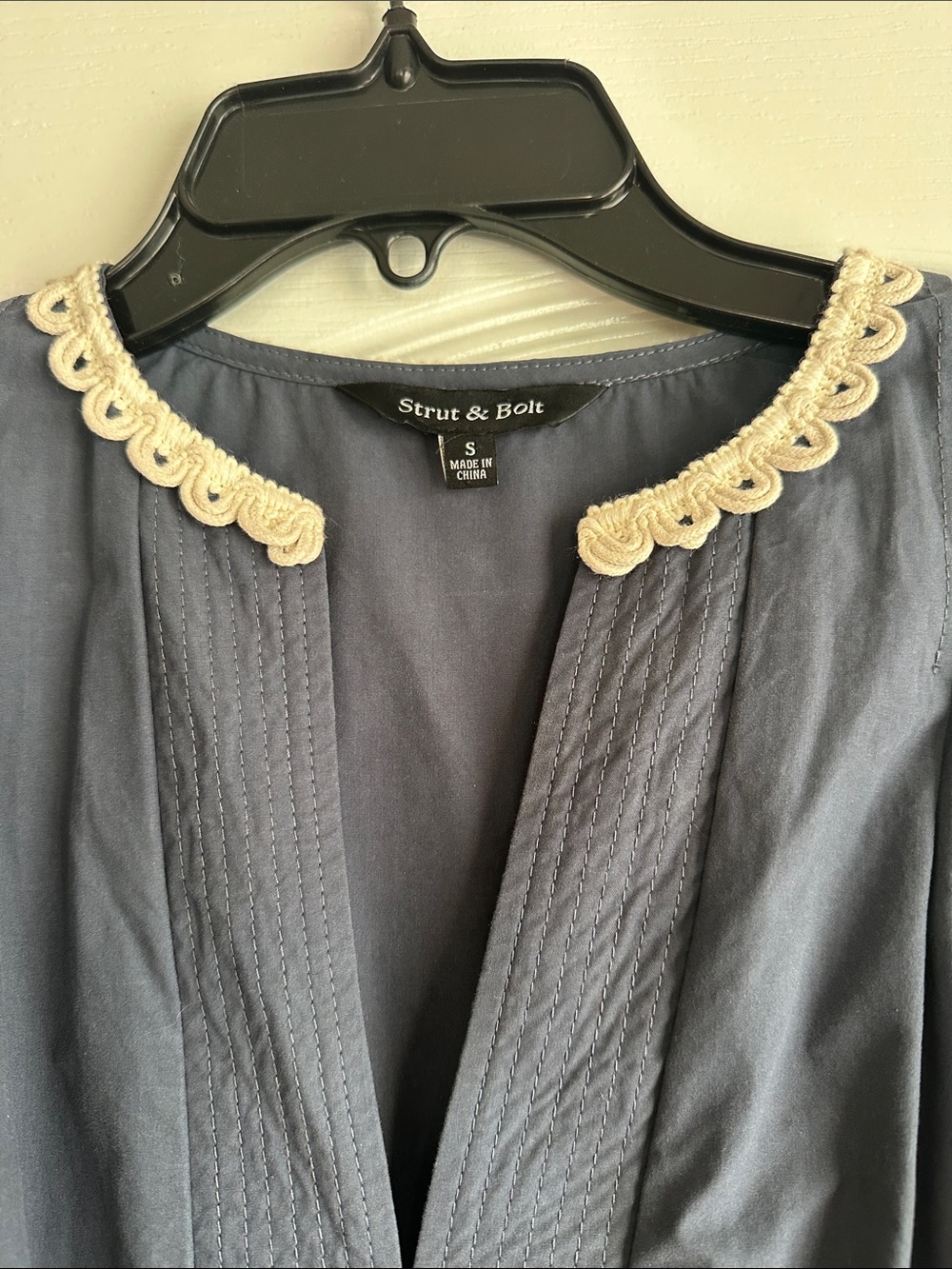 Smocked Waist Navy Long-Sleeve Dress with Lace Trim - Picture 2 of 7